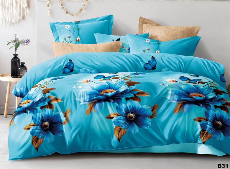 Gultasveļas komplekts ar zilām puķēm un taureņiem (B31)