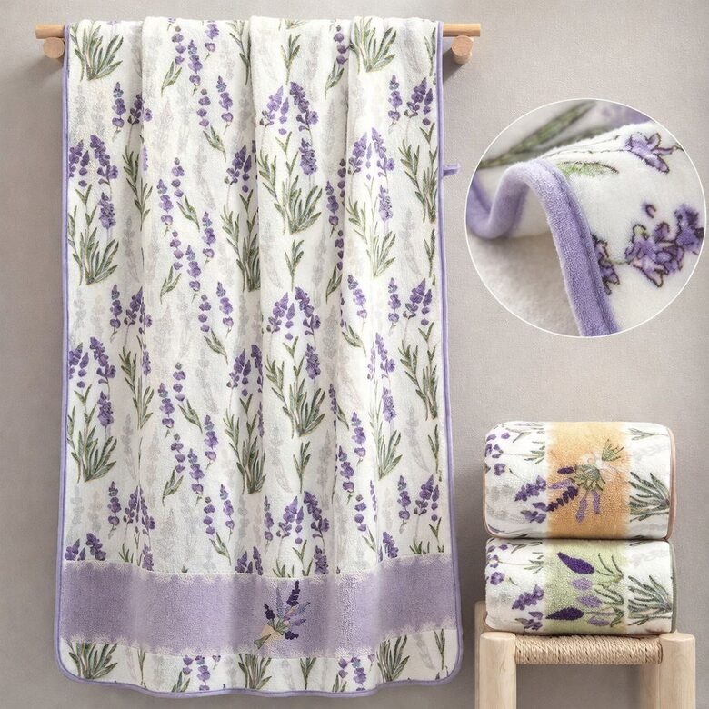 Mikrošķiedras dvielis ar lavandas rakstu 70 × 140 cm