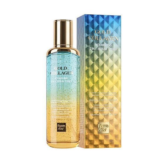 FARMSTAY Gold Collagen Nourishing 2 in 1 Serum Toner – serums-toniks ar zeltu un kolagēnu, 130 ml