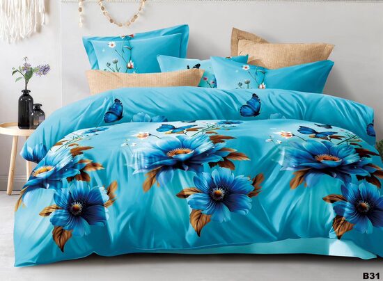 Gultasveļas komplekts ar zilām puķēm un taureņiem (B31)